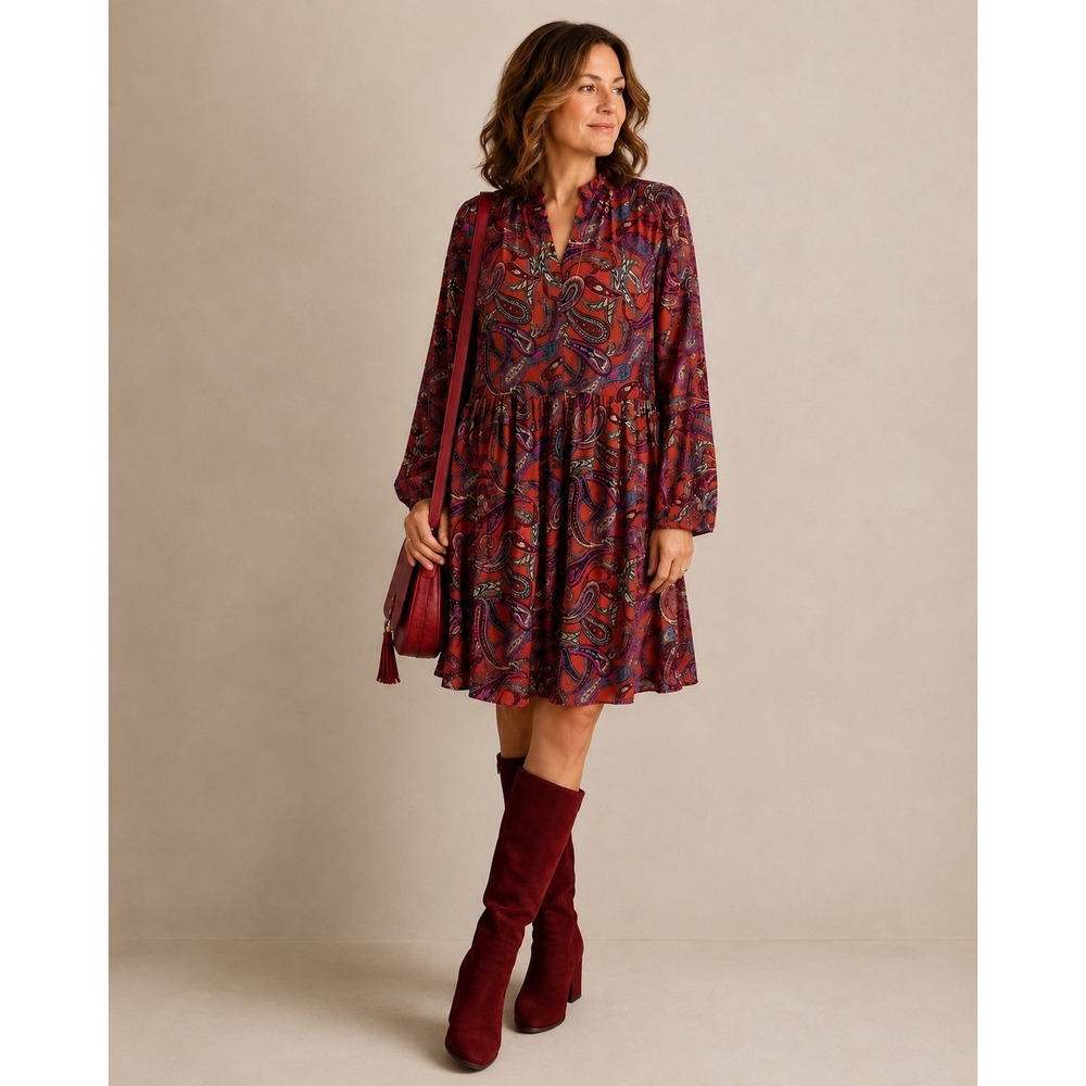 Jack by BB Dakota Small Burnt Red Paisley Babydoll Dress Boho Festival